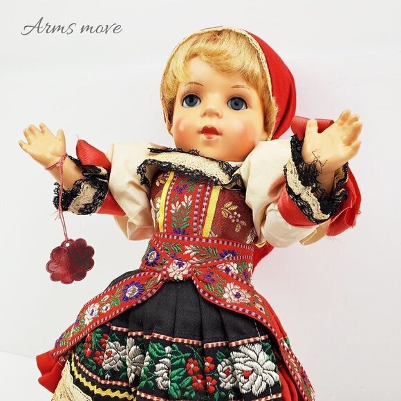 Czech Doll Lidova Tvorba VTG 60s UH Brod Traditional Outfit Moving Arms Legs 13" - Picture 11 of 14